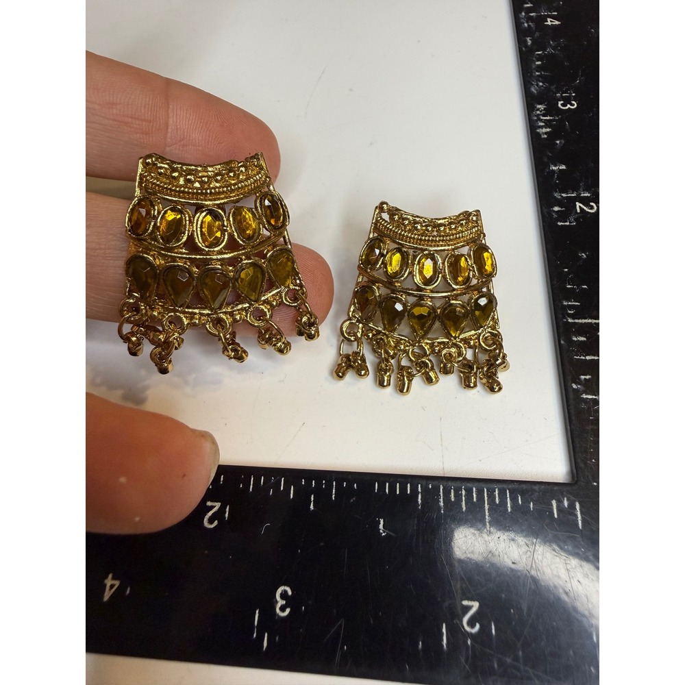 Gold Tone Amber Glass Tiered Chandelier Drop Dangle Post Earrings Bohemian